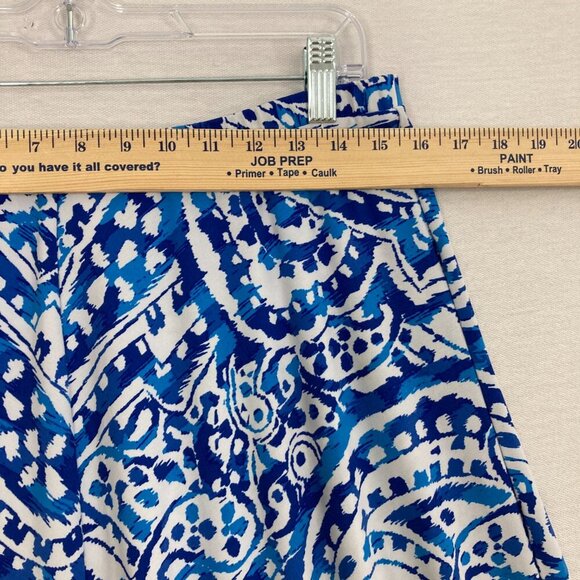 Chico’s Blue White Artsy Print Asymmetric Hem Coastal Stretch Skirt Large/2 - Picture 2 of 8